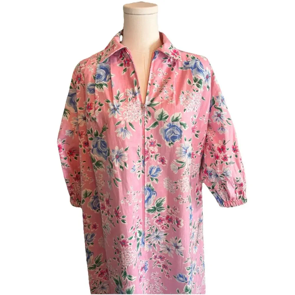 Vintage David Brown California Long Pink Floral House Dress Cotton Gown USA XS